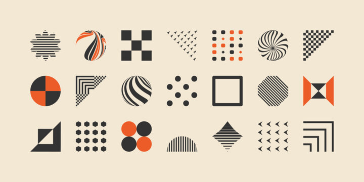 Retro abstract geometric bauhaus inspired elements, Collection of symbols, shapes and objects in y2k / Brutalism bold and primitive blocks swiss style. Trendy art templates.