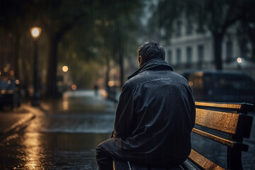 A lonely man sitting on a bench in the rain.Back view.Created with generative ai