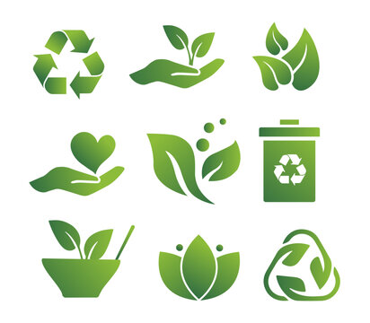 Eco Green Logo Set. Hand With Plant, Recycling And Reuse Icon. Natural And Organic Products, Vegetarian Diet. Caring For Nature And Environment. Flat Vector Collection Isolated On White Background