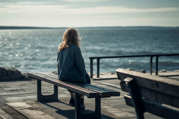 A lonely girl sitting on a bench with a sea view.Back view.Created with generative ai