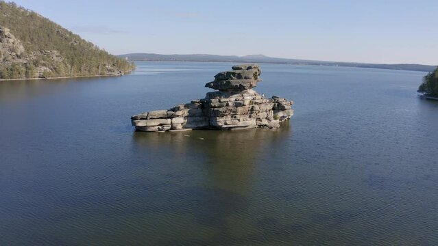 Aerial drone footage of the Zhumbaktas Rock in Natonal park Burabay Borovoe , Kazakhstan