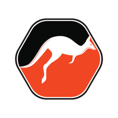 Kangaroo jumping logo template vector illustration inside a shape of hexagon orange Black colors. 