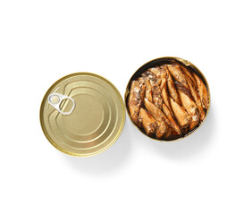 Canned smoked sprats on white background