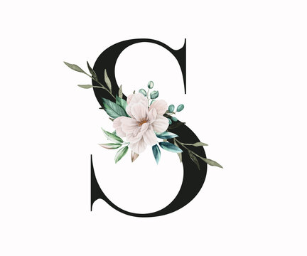 Capital letter S decorated with green leaves and pansies. Letter of the English alphabet with floral decoration. Floral letter.