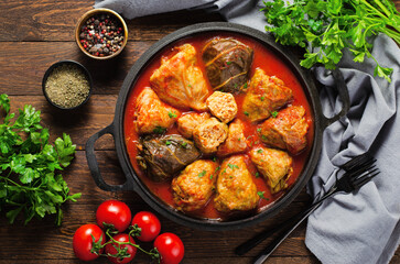 Cabbage Rolls with Ground Meat, Rice and Vegetables also known as Sarma, Golubtsy, Dolma on Rustic...