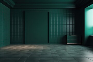 Interior with a dark green blank wall and tile flooring. Generative AI