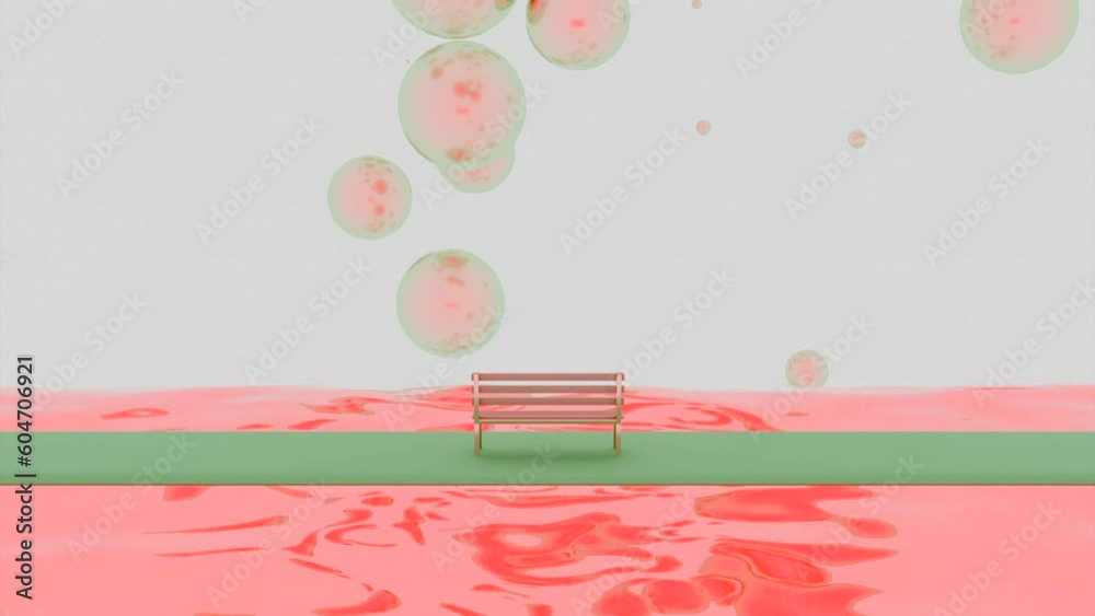 Poster 3d animation with soap bubbles. design. 3d space with bench and colored river on background of soap 