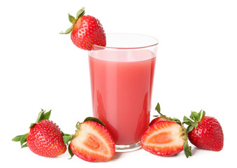 Glass with tasty strawberry smoothie on white background