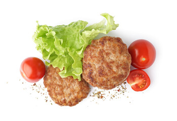 Tasty meat cutlets with fresh tomatoes and lettuce on white background