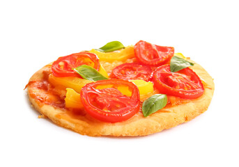 Tasty mini pizza on white background