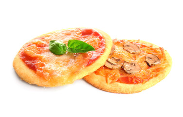 Different tasty mini pizzas on white background