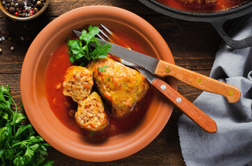 Cabbage Rolls with Ground Meat, Rice and Vegetables also known as Sarma, Golubtsy, Dolma on Rustic Wooden Background