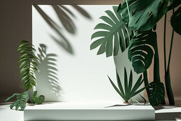 minimalist interior room with a potted plant and white wall. Generative AI