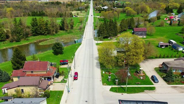 Aerial scene of Drayton, Ontario, Canada in spring 4K