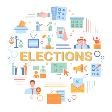 Elections composition concept. Democracy and freedom of choice. Collection of icons with presidents and governors. Debates and public speaking, election campaign. Cartoon flat vector illustration
