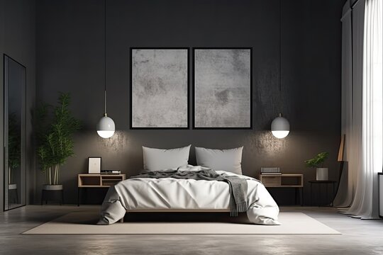 Interior of the bedroom is dark, and the furnishings include a bed with two pillows and white sheets, nightstands, and a grey concrete floor. Two sample posters for the copy space. Generative AI