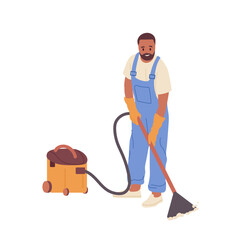 Cartoon young man worker character in uniform of cleaning service vacuuming floor isolated on white