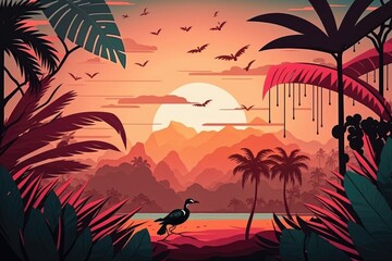 Beautiful tropical landscape with sunrise in cartoon style. Generative ai