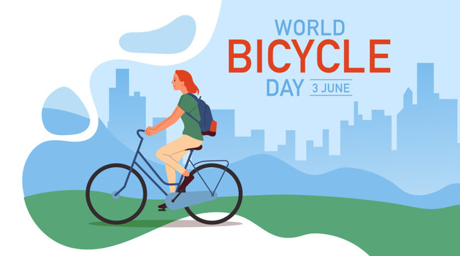 World bicycle day. Woman with backpack rides against backdrop of city buildings. Active lifestyle and sport. Traveler and tourism on environmentally friendly transport. Flat vector illustration