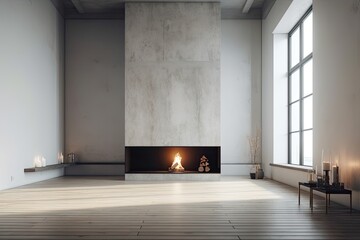 Interior of empty, opulent building with fireplace. Modern minimalist décor. Generative AI