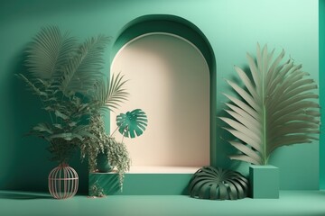 green room with a potted plant and a birdcage. Generative AI
