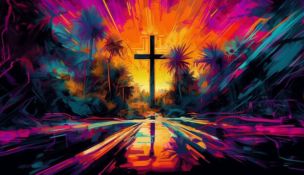 Christian cross in the style of an abstract landscape, expressive strokes, neon colors, Mexican muralism, post-apocalyptic. The concept of salvation and a better life. Generative AI.