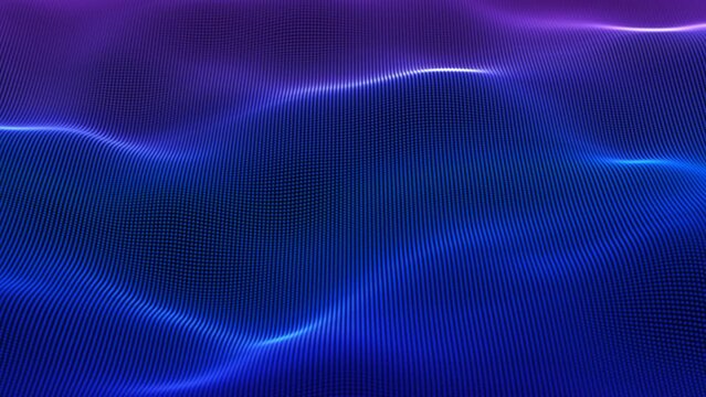 Blue 3D soundwaves in motion. Big data analytics, digital music or neural network abstract concept. Waves of information or graphic equalizer. Glowing pixels on surface of sound waves, seamless loop