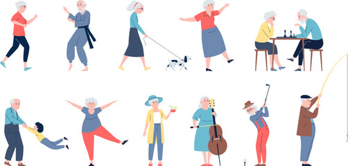 Elderly happy flat characters, old seniors. Isolated modern grandma and grandpa. Active grandparents doing exercises and rest, recent vector set