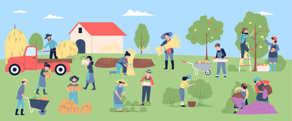 People working on farm. Rural agriculture scene, harvest and picking eco vegetables. Gardening seasonal farmers, workers recent vector concept