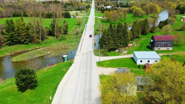 Aerial of Drayton, Ontario, Canada on a spring morning 4K