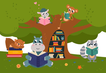 Animal reading in forest childish poster. Books day, outdoor library for smart animals. Book reader, cute woodland life and back to school classy vector scene