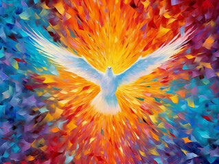 Non-standard art. Multi-colored painting depicting a dove. The idea of the Holy Spirit. Christian drawing. Generative AI.