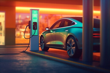 Fototapeta na wymiar Focus closeup electric vehicle recharging battery from home electric charging station. Generative AI