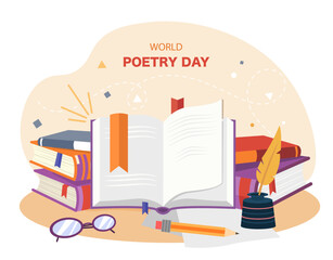 World poetry day. International holiday and festival 21 March. Books and pencil with glasses and stationery, authors inventory. Art and creativity. Cartoon flat vector illustration - obrazy, fototapety, plakaty