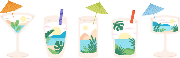 Summer in cocktails glass. Natural cocktail, vacation in margarita glasses. Abstract beach bar elements, creative graphic vacation racy vector design