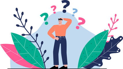 Confused man with question marks. Curious thoughtful person, doubt solution. Business guy thinking, curious student sapid vector flat concept