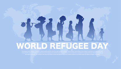 World refugee day. International holiday and festival 20 June. Silhouettes of men and women with bags. Immigrants and relocants. People walking seek home. Cartoon flat vector illustration