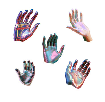 Iridescence 3d holographic Hands isolated on a white background, 3d rendering concept.  Generative AI