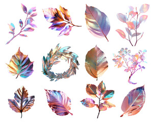 IRISCHROME, iridescent leaves on white background. Generative AI