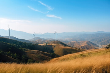 landscape image with Mountain and wind turbine panoramic view.