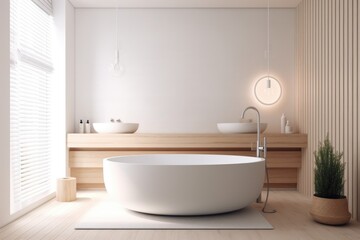 Naklejka na ściany i meble Interior of white wooden bathroom with round white tub in corner. luxury and relaxation idea. a mockup. Generative AI