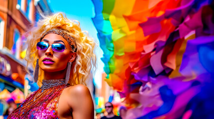 Fototapeta na wymiar CSD LGBTQ Pride Parade, where Rainbow Colours dominate the scene all in glittering Costumes as Drag Queens or normal Generative AI Digital Art Illustration Background Magazin Cover 