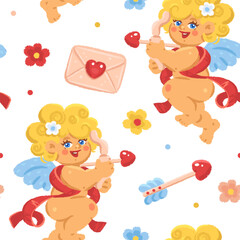 Seamless pattern with hand drawn cupid and hearts. Wallpaper, textile, wrapping paper design template. Valentine's day background. Vector illustration