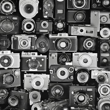 Background from old vintage retro cameras, photographic wallpaper, ai generative