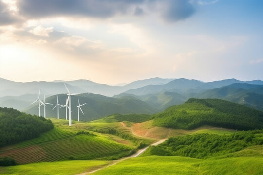 landscape image with Mountain and wind turbine panoramic view.