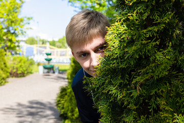 Young blond man in casual clothes and earphones peeking from a bush in the park.