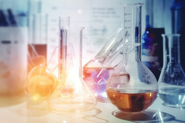 Laboratory glassware containing chemical liquid, science research,Double exposure of scientist and test tubes, laboratory concept.with chemical equations