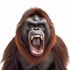 Angry orangutan screams and growls baring its large fangs, on a white background close-up, ai generative - obrazy, fototapety, plakaty