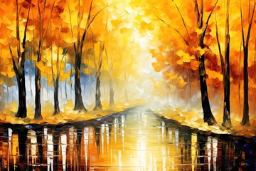 Foto op Aluminium Autumn Fall Forest Oil Painting Landscape. AI generative. Canvas Texture, Brush Strokes. © fotoyou