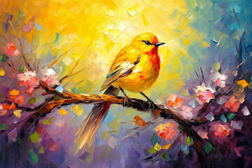 Yellow Bird with Long Tail Sitting on Spring Branch Painting. AI generative. Canvas Texture, Brush Strokes.